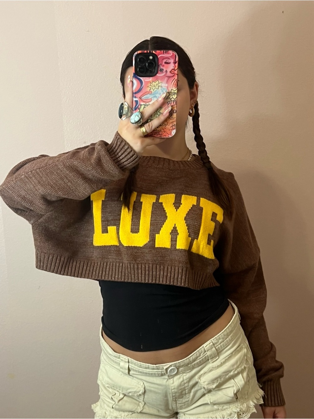 Edikted Cropped 'LUXE' Knit Sweater in Brown and Yellow